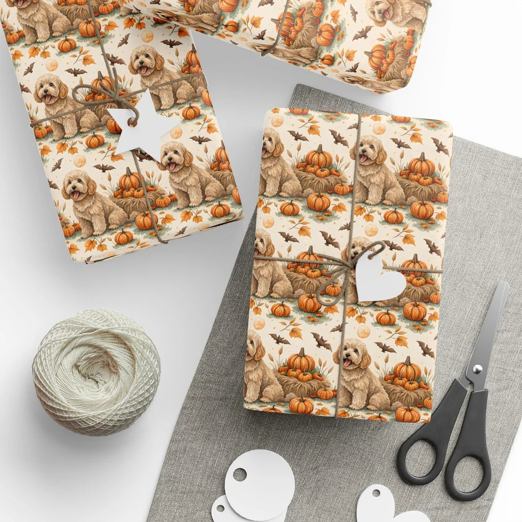 Doodle Dog Halloween Wrapping Paper | Pumpkins & Bats — styled gift wrapping with scissors and twine