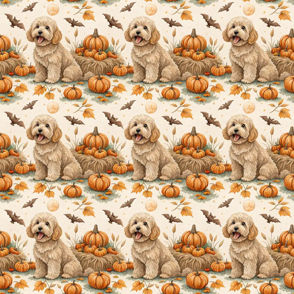 Doodle Dog Halloween Wrapping Paper | Pumpkins & Bats — repeating pattern tile