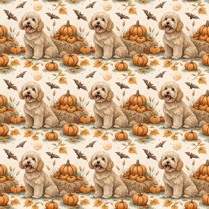 Doodle Dog Halloween Wrapping Paper | Pumpkins & Bats — repeating pattern tile