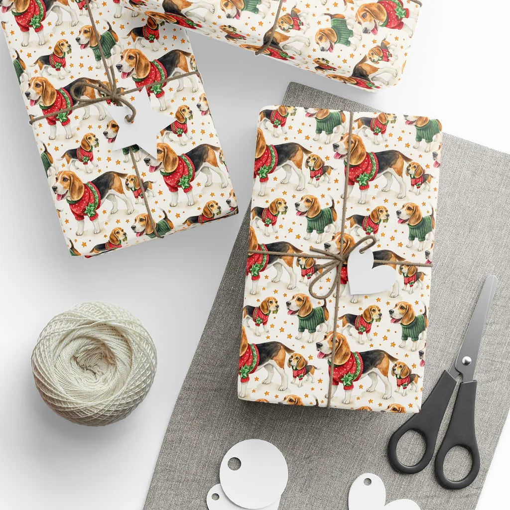 Dressed-Up Beagle Christmas Wrapping Paper — styled gift wrapping with scissors and twine