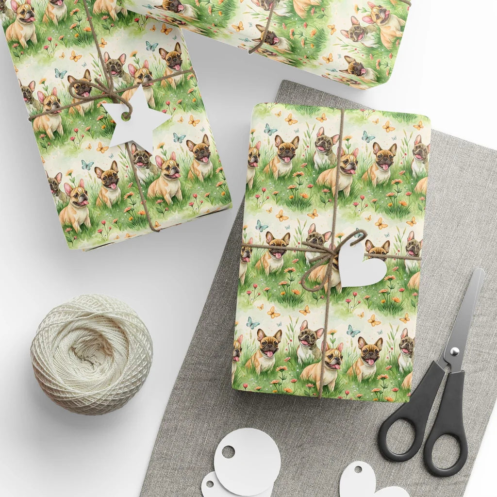 Easter French Bulldog Wrapping Paper — styled gift wrapping with scissors and twine