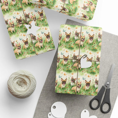 Easter French Bulldog Wrapping Paper — styled gift wrapping with scissors and twine