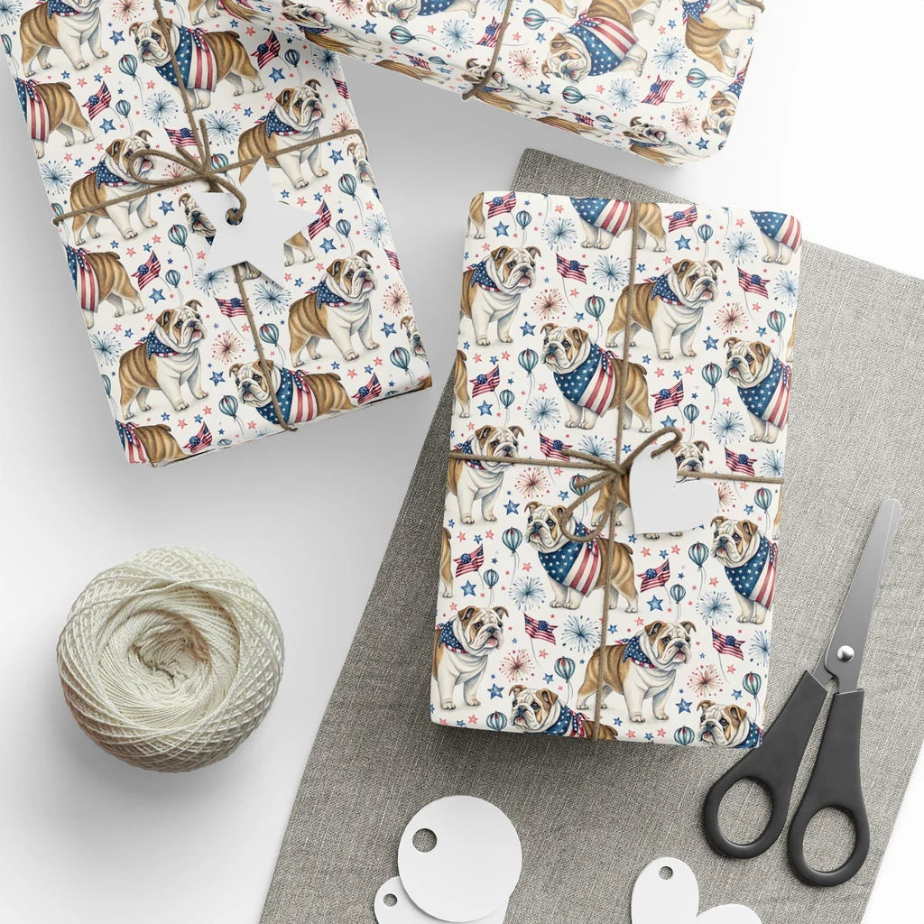English Bulldog Americana Wrapping Paper — styled gift wrapping with scissors and twine