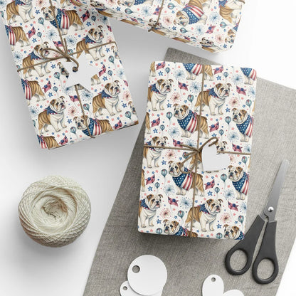 English Bulldog Americana Wrapping Paper — styled gift wrapping with scissors and twine