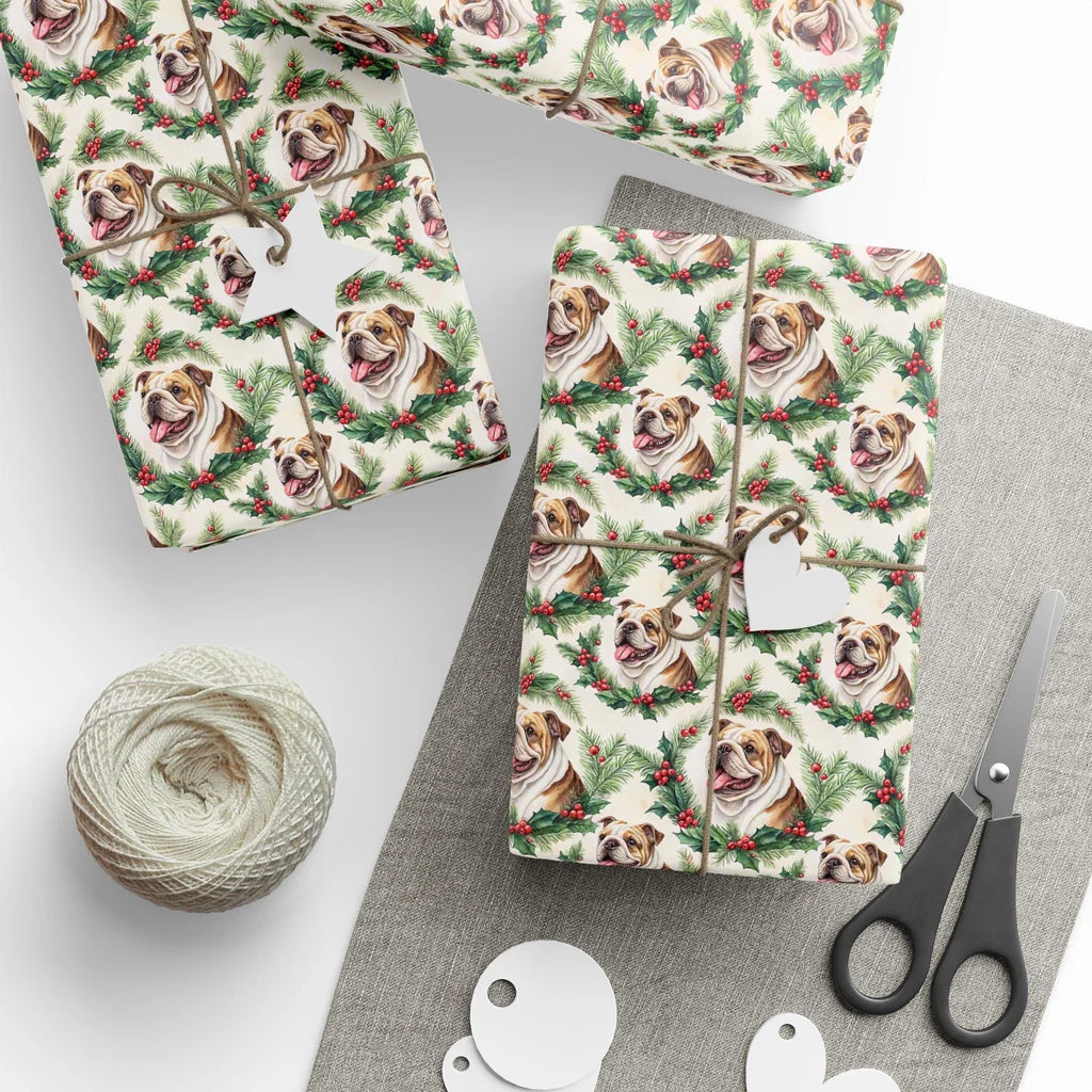 English Bulldog Christmas Wrapping Paper — styled gift wrapping with scissors and twine