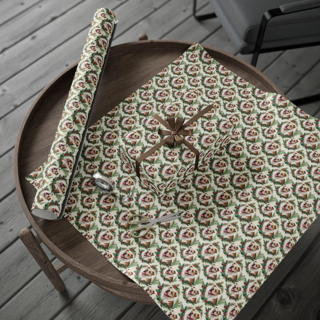 English Bulldog Christmas Wrapping Paper — gift wrapping presented on a wooden table