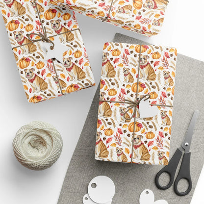 English Bulldog Fall Pumpkin Wrapping Paper — styled gift wrapping with scissors and twine