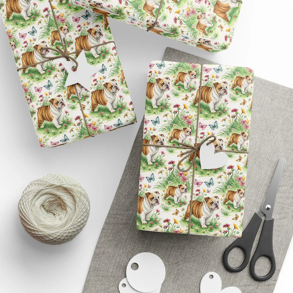 English Bulldog Garden Wrapping Paper — styled gift wrapping with scissors and twine