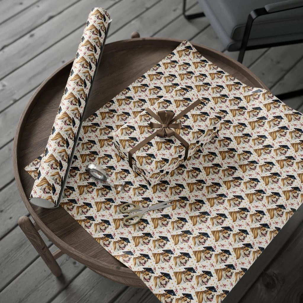 English Bulldog Graduation Wrapping Paper — gift wrapping presented on a wooden table