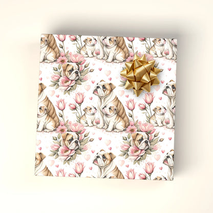 English Bulldog Mama and Puppies Floral Wrapping Paper — wrapped gift presentation