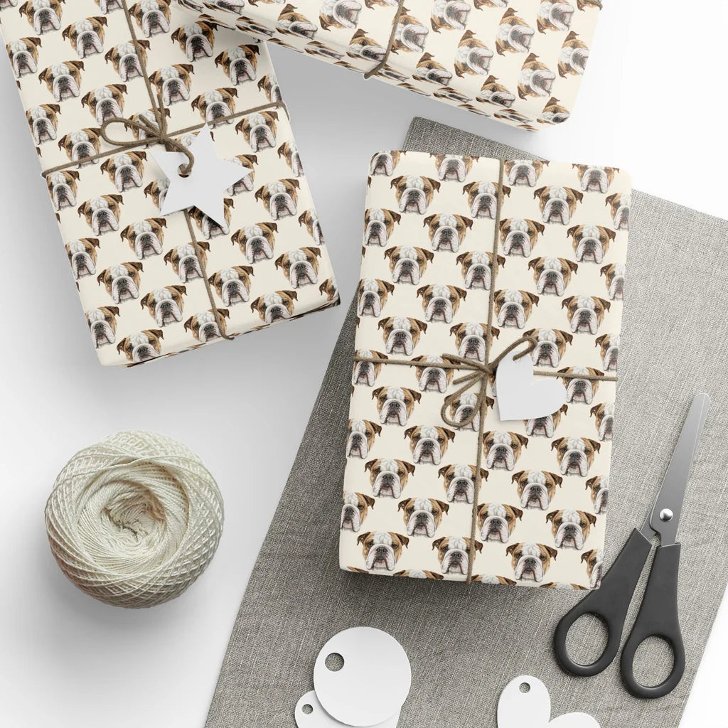 English Bulldog Portrait Wrapping Paper — styled gift wrapping with scissors and twine