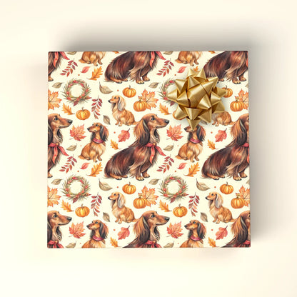 Fall Dachshund Wrapping Paper | Autumn Wiener Dog Gift Wrap — wrapped gift presentation