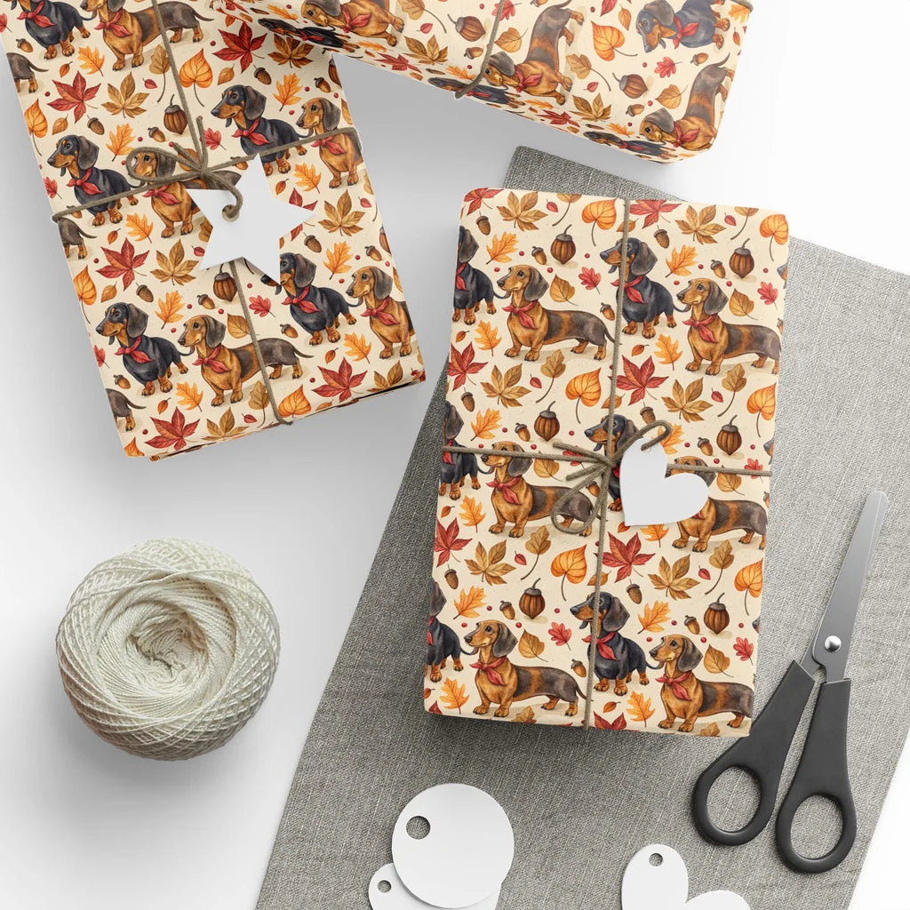 Fall Dachshund Wrapping Paper — styled gift wrapping with scissors and twine
