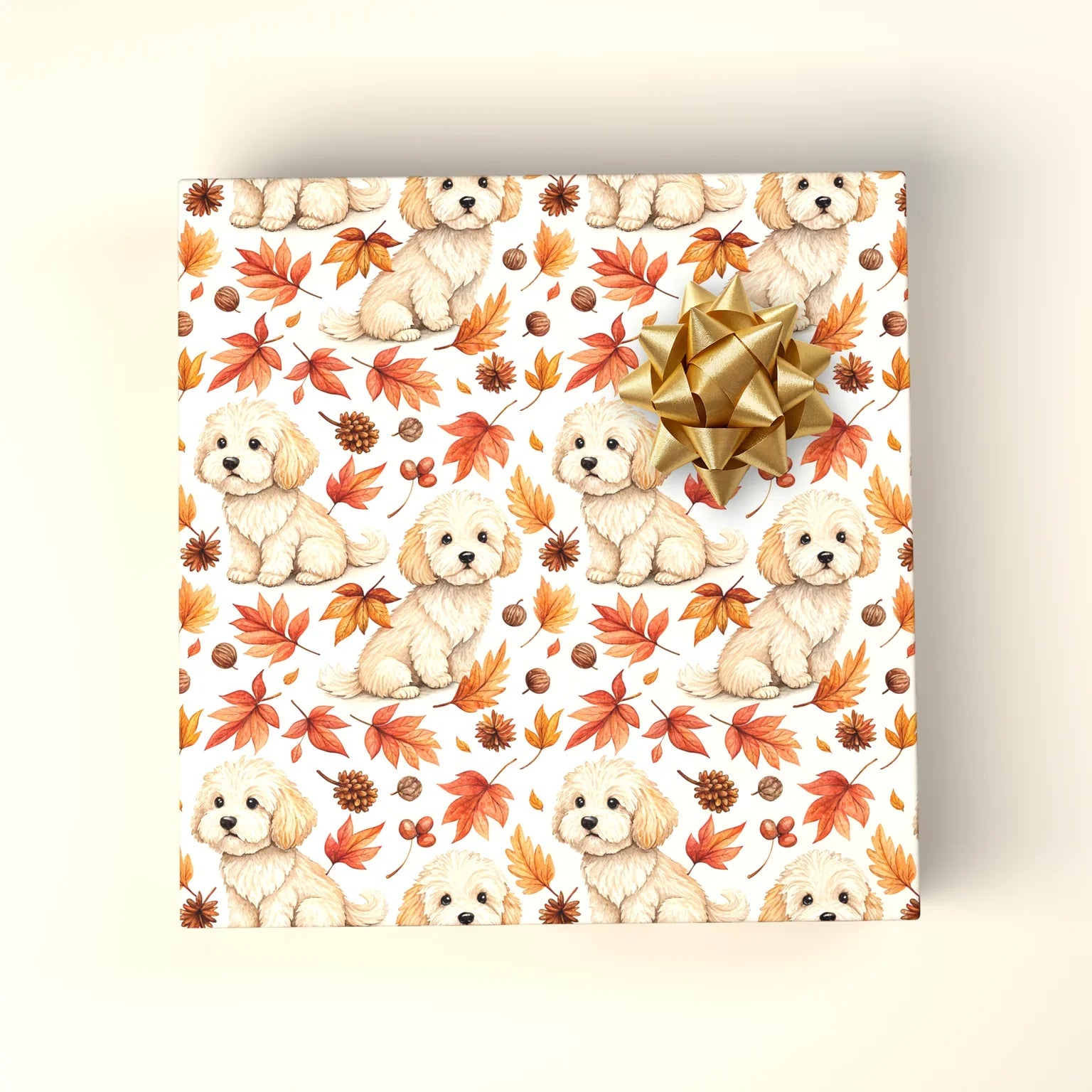 Fall Puppy Wrapping Paper: Cream Doodle Autumn Leaves — wrapped gift presentation