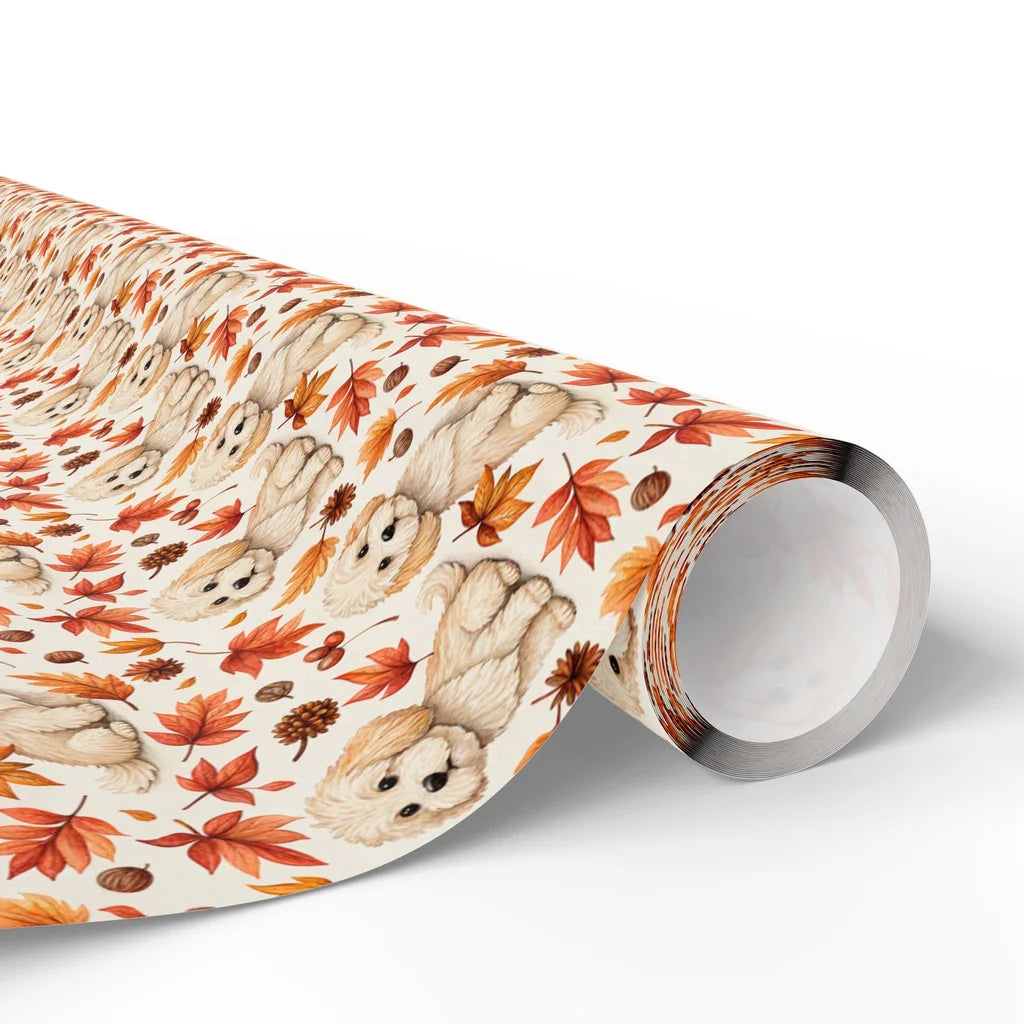 Fall Puppy Wrapping Paper: Cream Doodle Autumn Leaves — paper roll