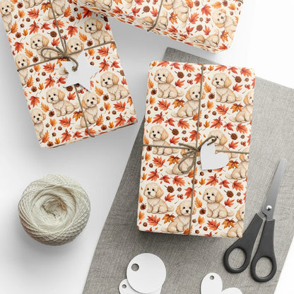 Fall Puppy Wrapping Paper: Cream Doodle Autumn Leaves — styled gift wrapping with scissors and twine