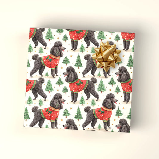 Fancy & Festive Black Poodle Christmas Wrapping Paper — wrapped gift presentation