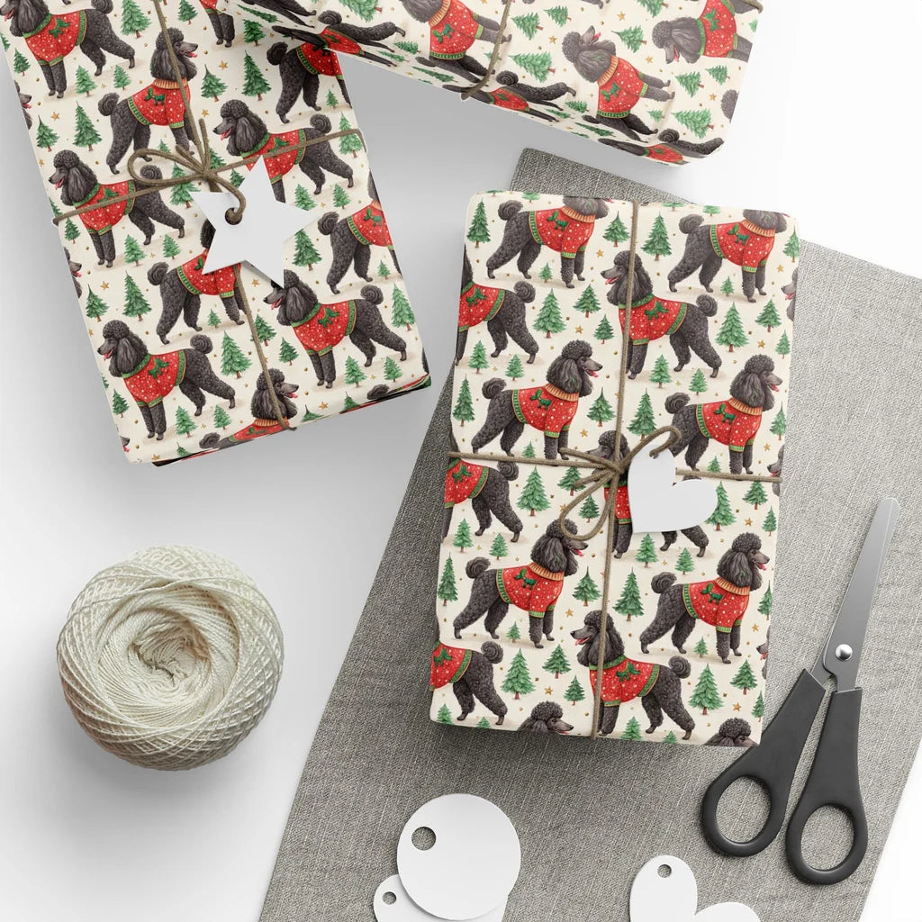 Fancy & Festive Black Poodle Christmas Wrapping Paper — styled gift wrapping with scissors and twine