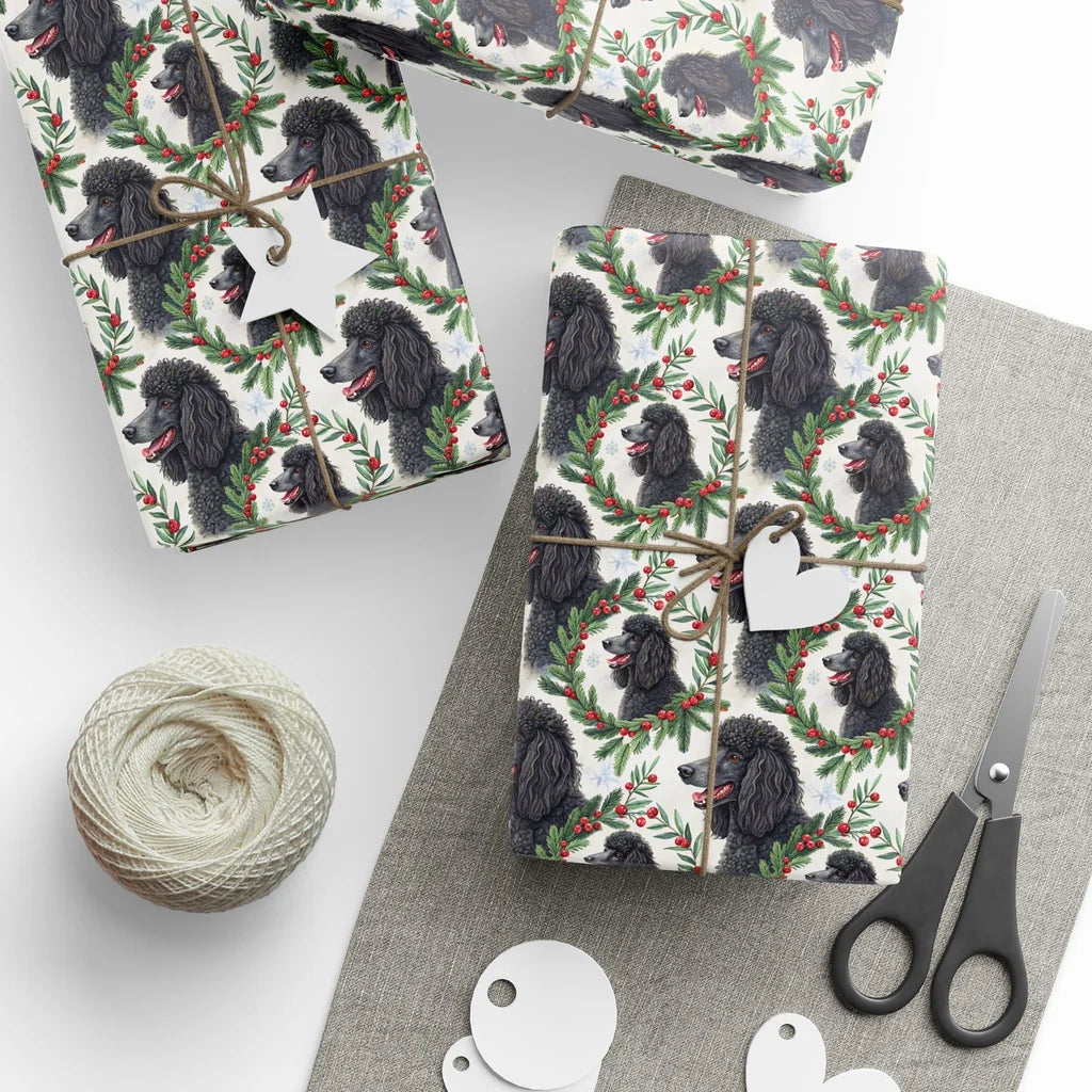 Fancy & Festive Black Poodle Christmas Wrapping Paper — styled gift wrapping with scissors and twine