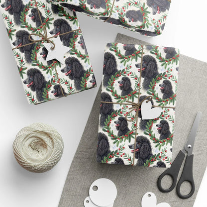 Fancy & Festive Black Poodle Christmas Wrapping Paper — styled gift wrapping with scissors and twine