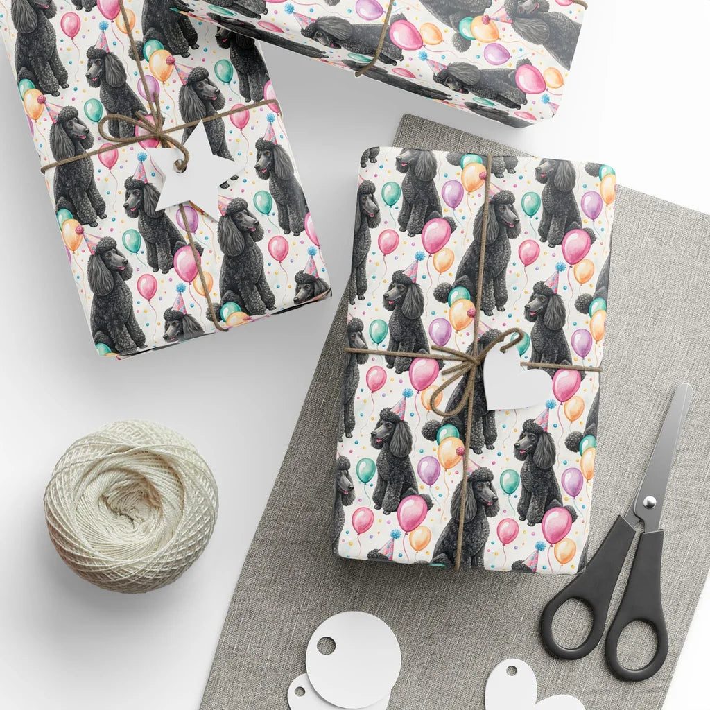 Fancy Party Poodle Birthday Wrapping Paper — styled gift wrapping with scissors and twine