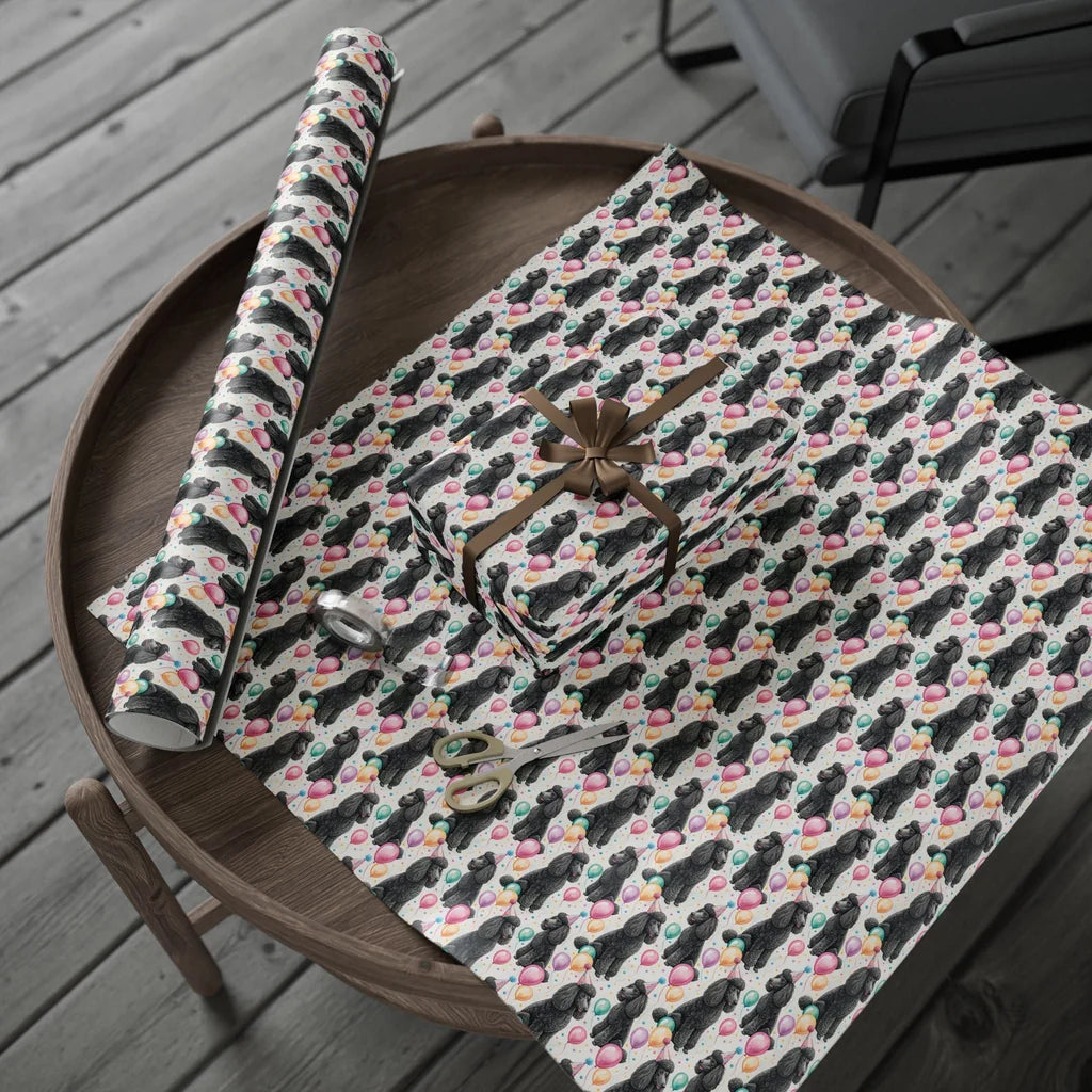 Fancy Party Poodle Birthday Wrapping Paper — gift wrapping presented on a wooden table