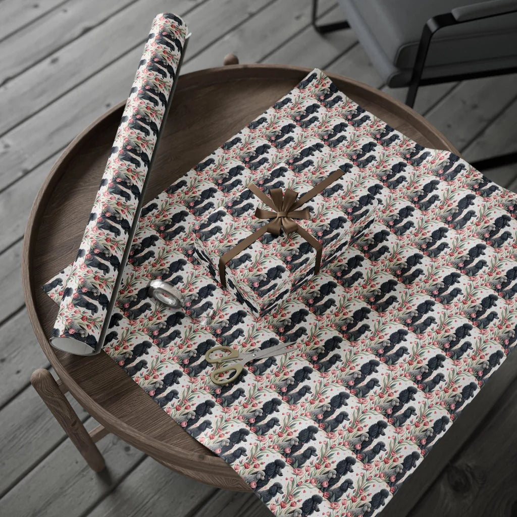 Fancy Poodles in Bloom Wrapping Paper — gift wrapping presented on a wooden table