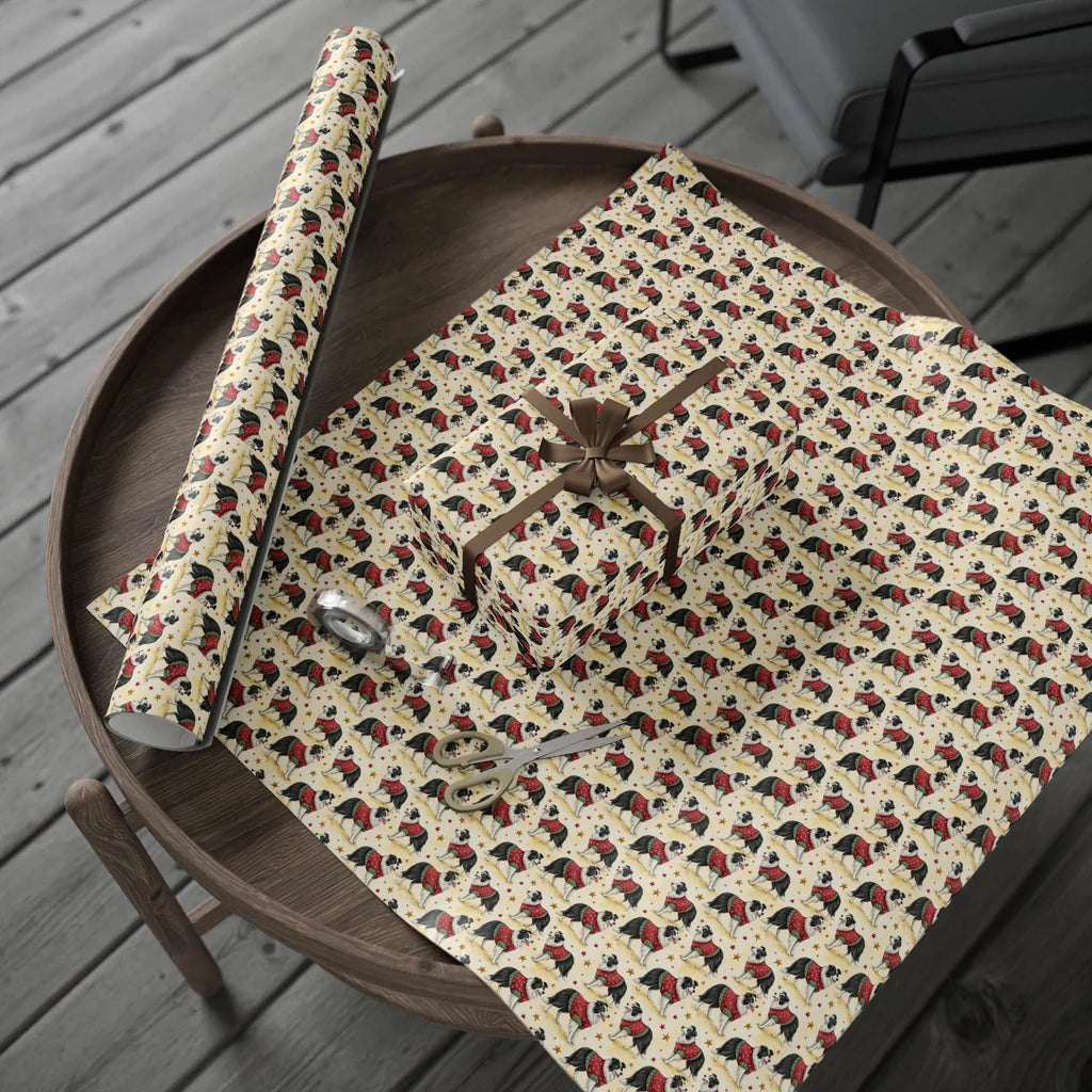 Festive Border Collie Christmas Wrapping Paper — gift wrapping presented on a wooden table