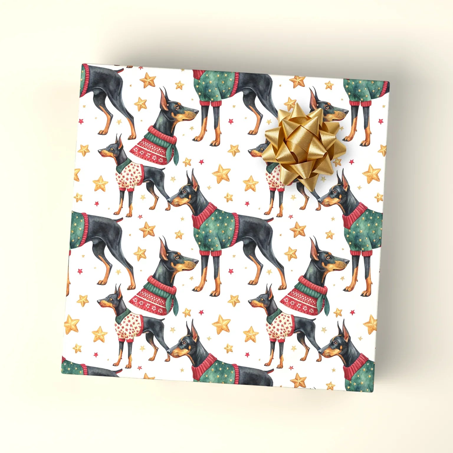 Festive Doberman Christmas Wrapping Paper — wrapped gift presentation
