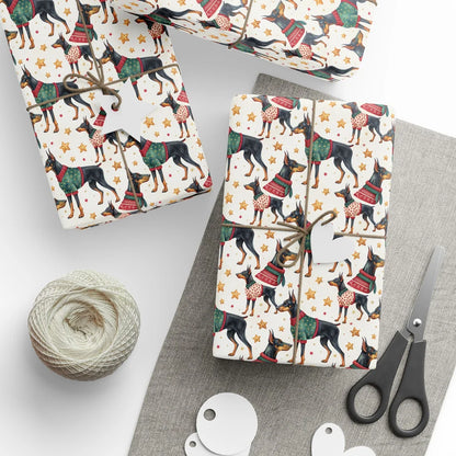 Festive Doberman Christmas Wrapping Paper — styled gift wrapping with scissors and twine