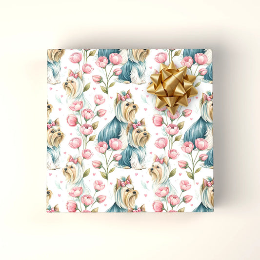 Floral Yorkshire Terrier Wrapping Paper — wrapped gift presentation