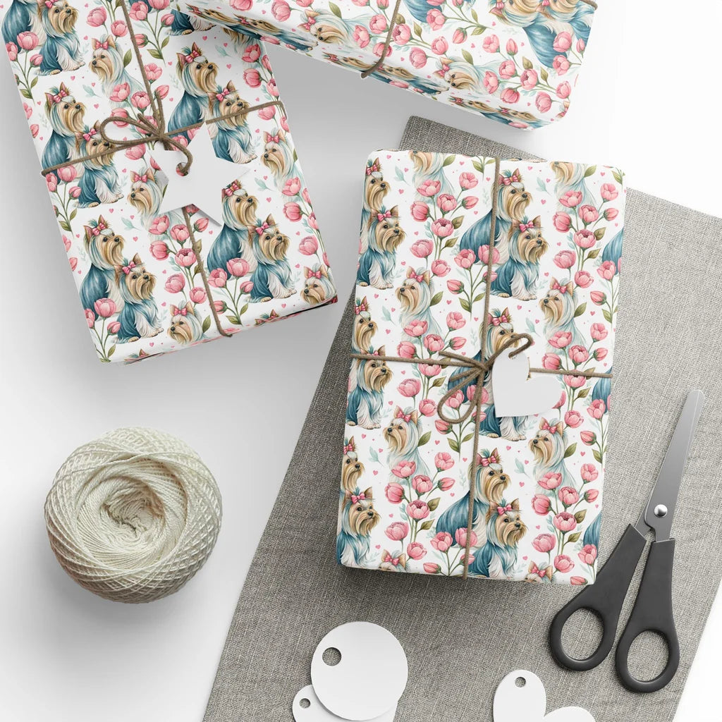 Floral Yorkshire Terrier Wrapping Paper — styled gift wrapping with scissors and twine