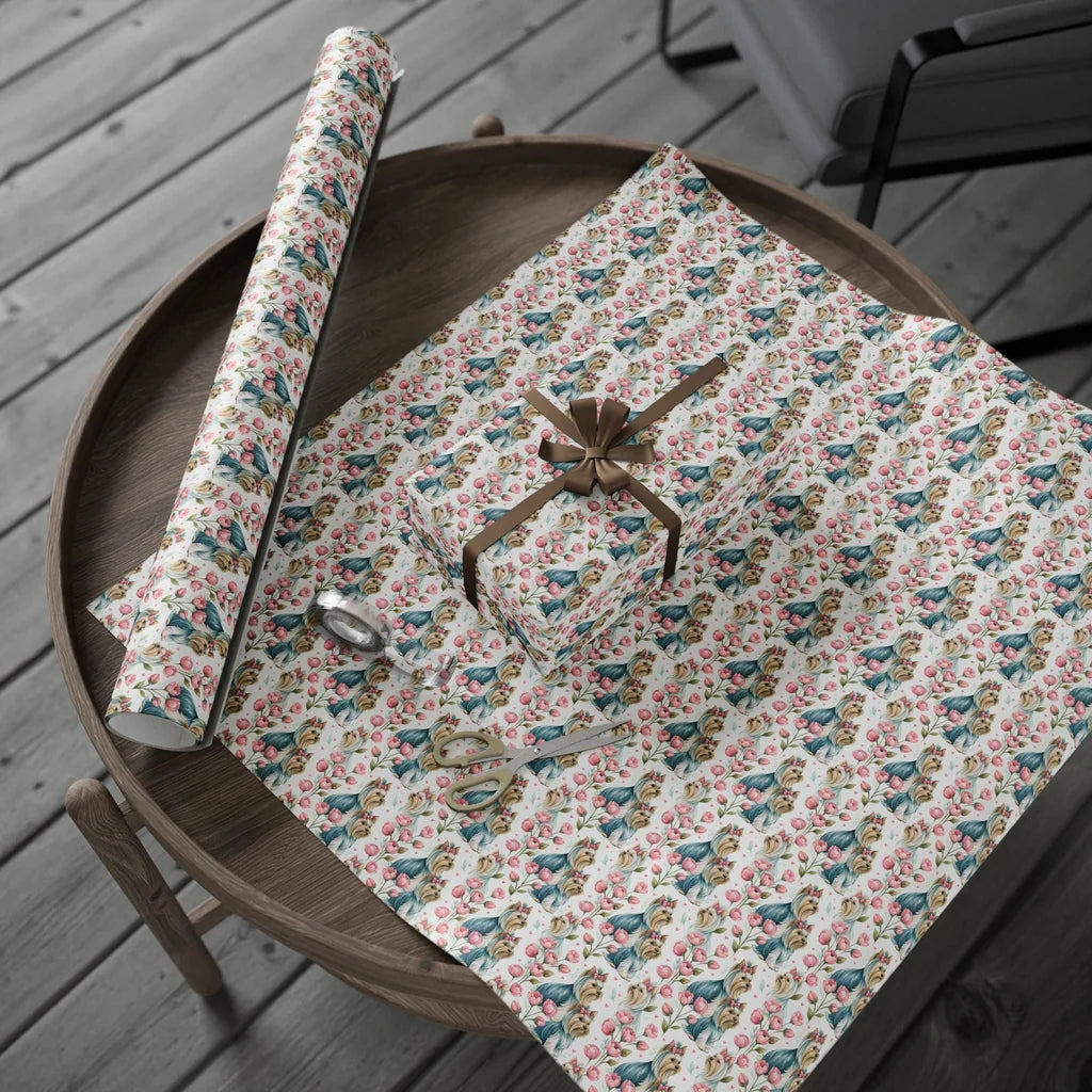 Floral Yorkshire Terrier Wrapping Paper — gift wrapping presented on a wooden table