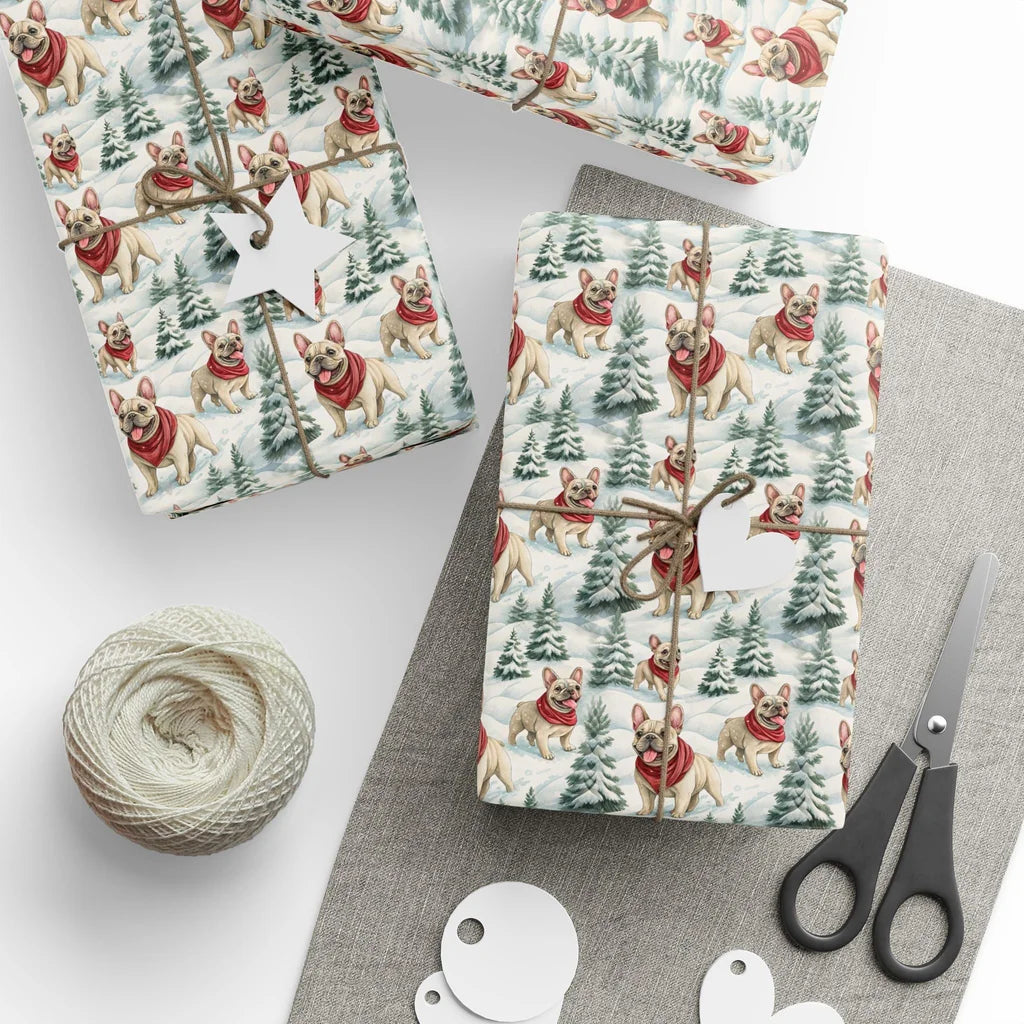 French Bulldog Christmas Wrapping Paper — styled gift wrapping with scissors and twine
