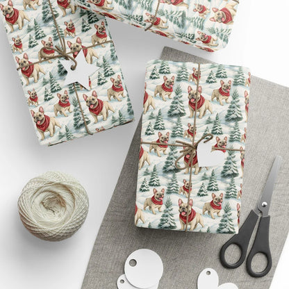 French Bulldog Christmas Wrapping Paper — styled gift wrapping with scissors and twine