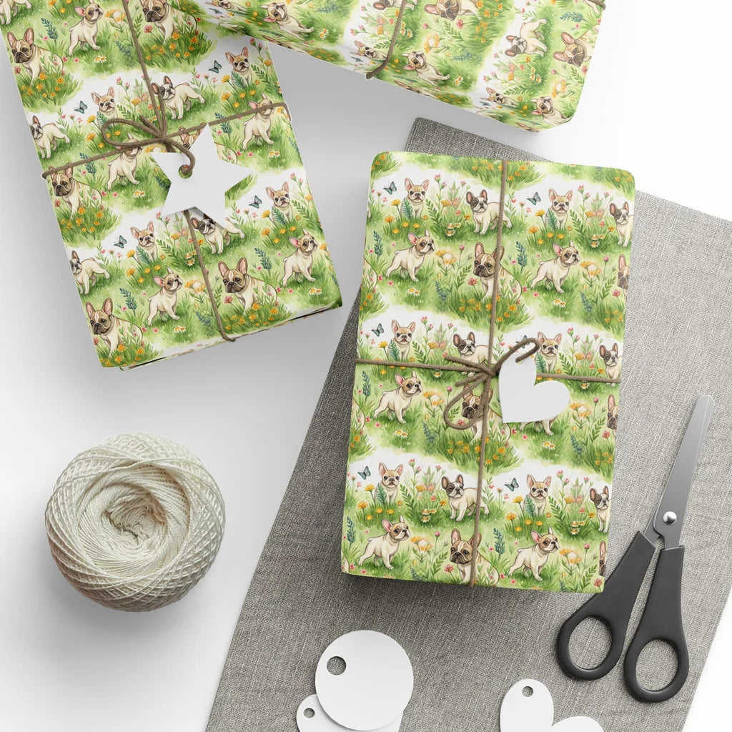 French Bulldog Garden Wrapping Paper — styled gift wrapping with scissors and twine