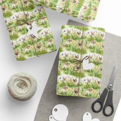 French Bulldog Garden Wrapping Paper — styled gift wrapping with scissors and twine
