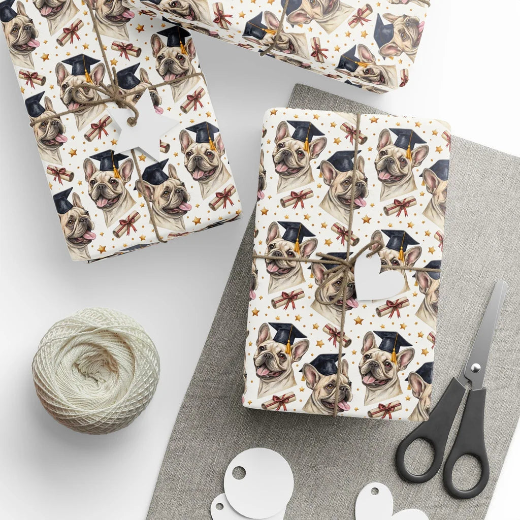 French Bulldog Graduation Wrapping Paper — styled gift wrapping with scissors and twine