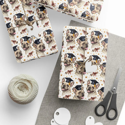French Bulldog Graduation Wrapping Paper — styled gift wrapping with scissors and twine
