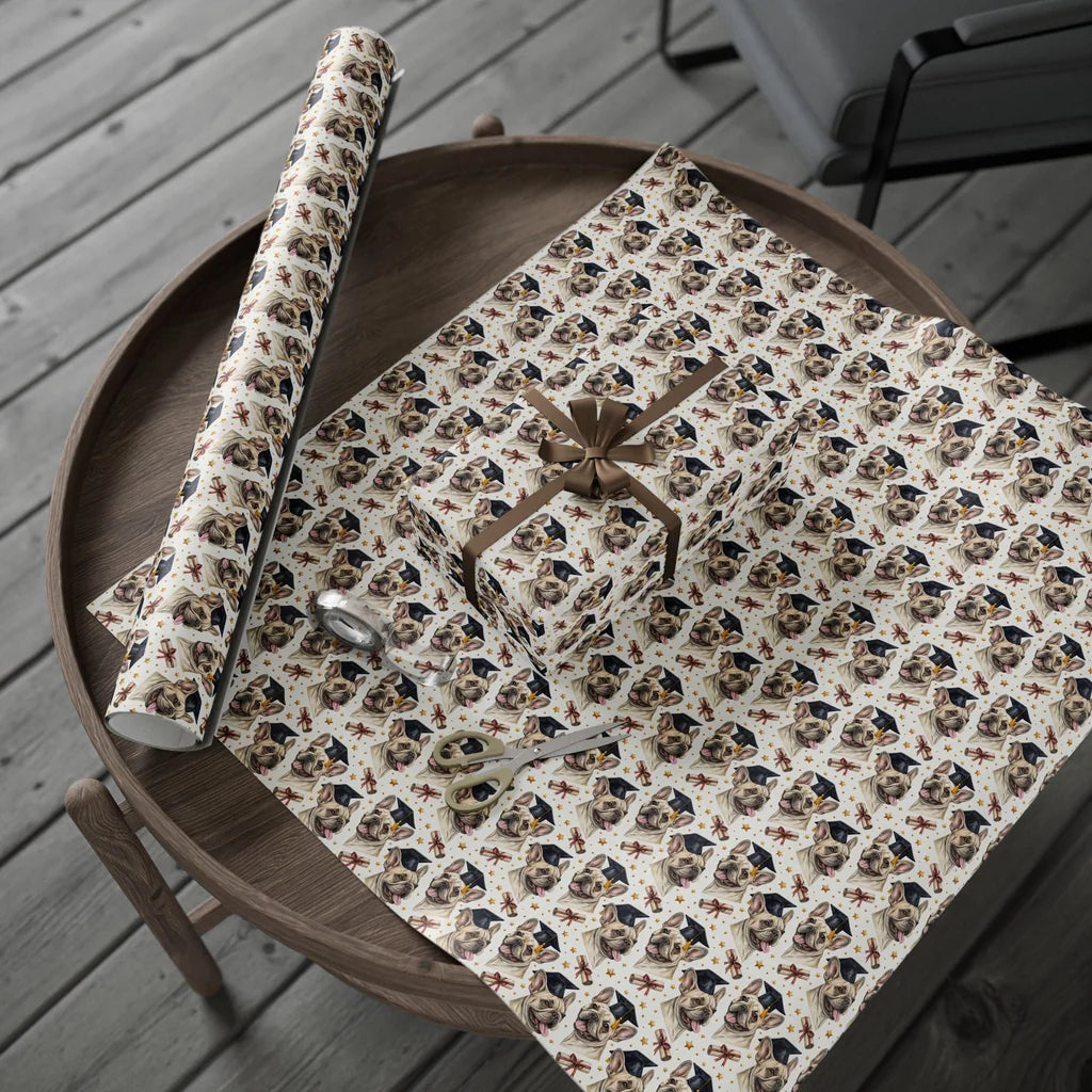 French Bulldog Graduation Wrapping Paper — gift wrapping presented on a wooden table