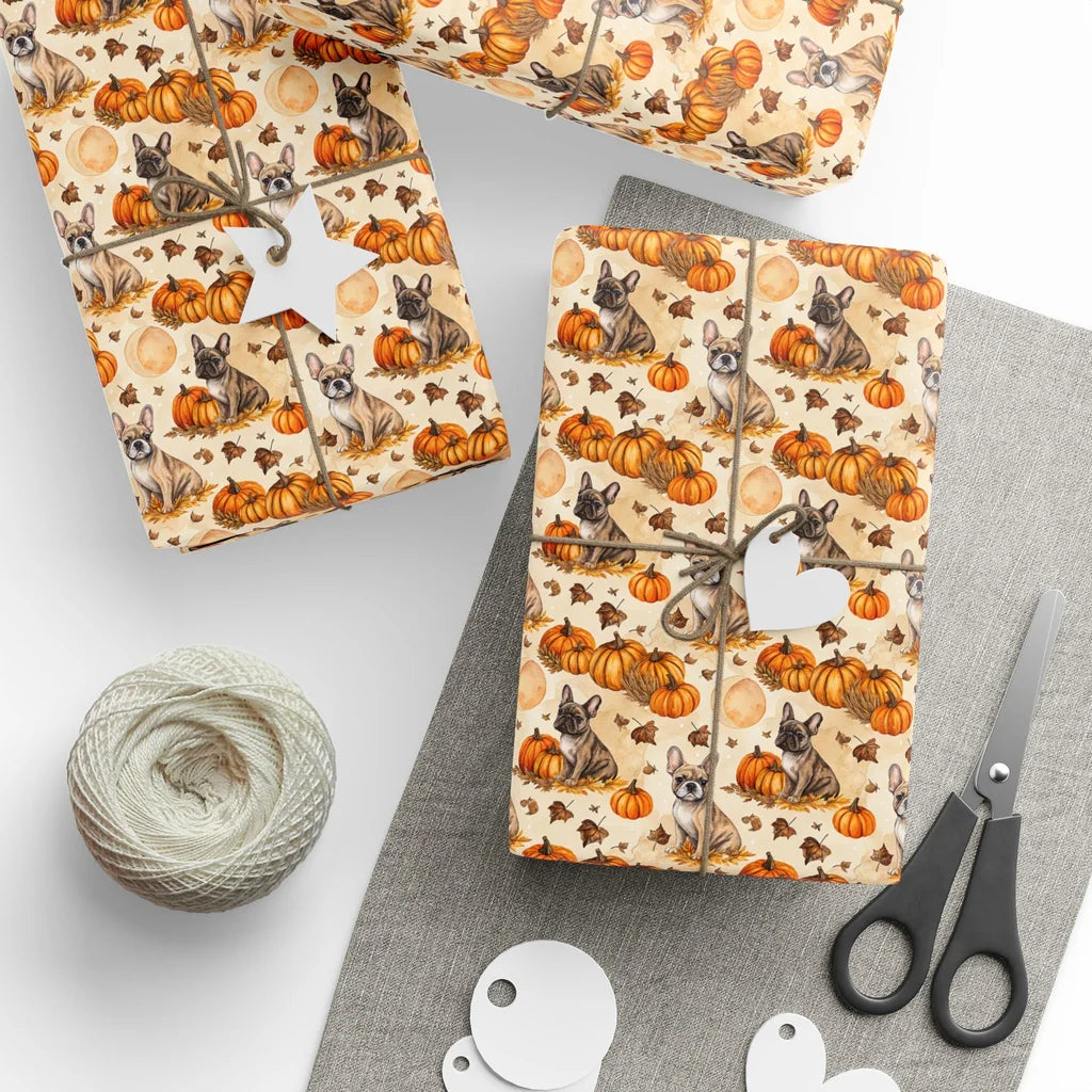 French Bulldog Pumpkin Patch Fall Wrapping Paper — styled gift wrapping with scissors and twine