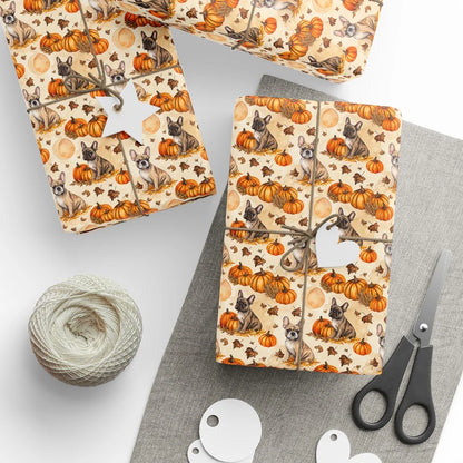 French Bulldog Pumpkin Patch Fall Wrapping Paper — styled gift wrapping with scissors and twine