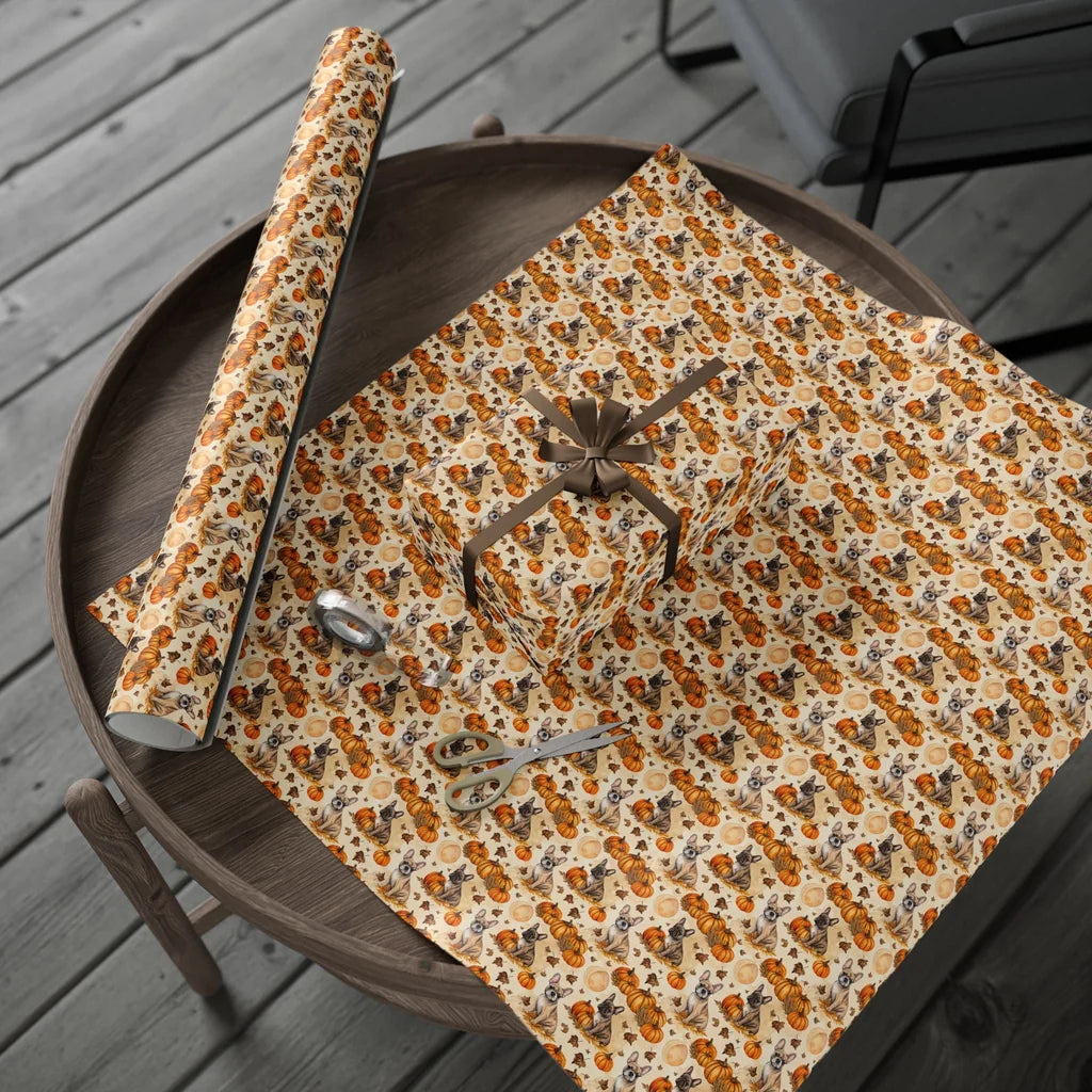 French Bulldog Pumpkin Patch Fall Wrapping Paper — gift wrapping presented on a wooden table