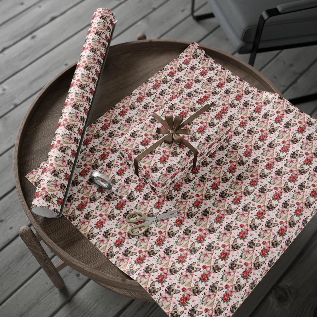 French Bulldog Valentine's Day Wrapping Paper — gift wrapping presented on a wooden table