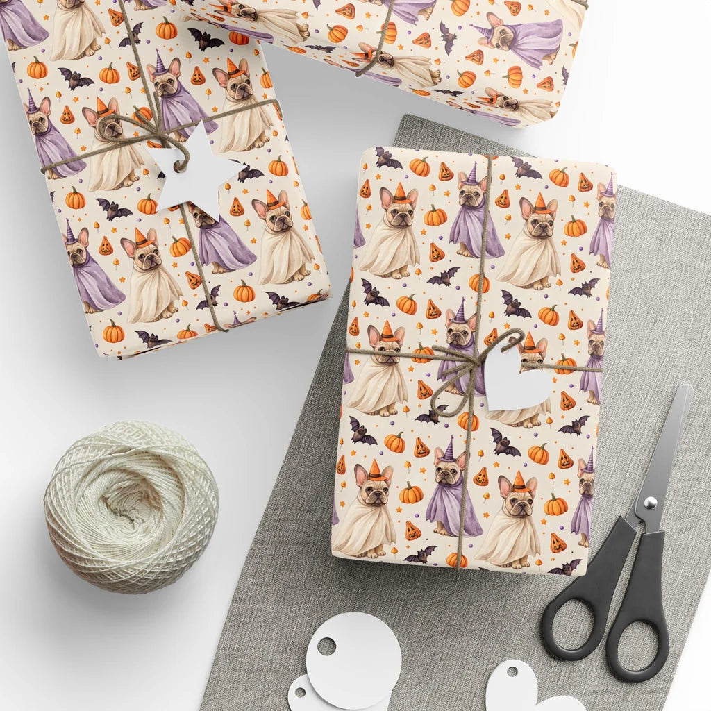 Frenchie Ghost Halloween Wrapping Paper — styled gift wrapping with scissors and twine