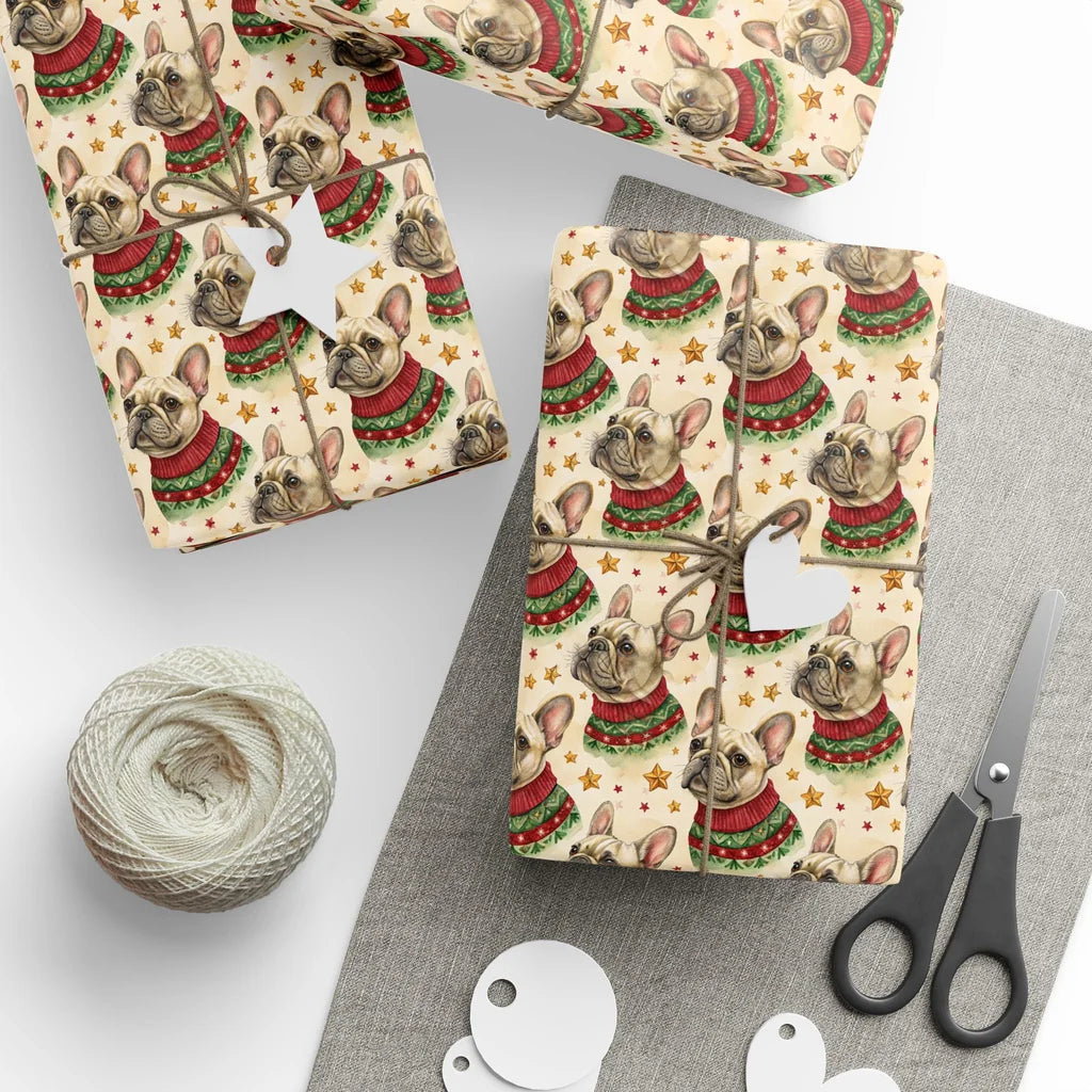 Frenchie Ugly Sweater Christmas Wrapping Paper — styled gift wrapping with scissors and twine