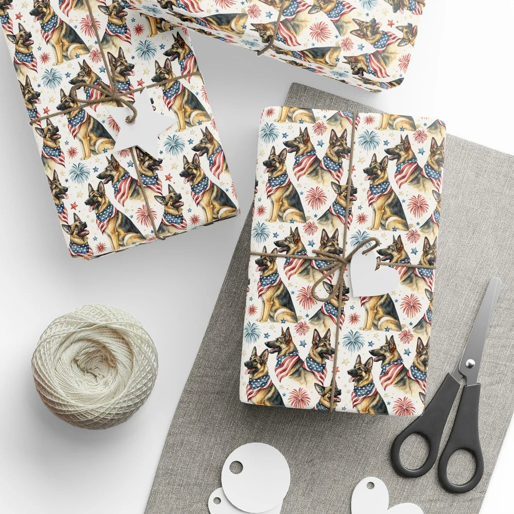 German Shepherd Americana Wrapping Paper — styled gift wrapping with scissors and twine