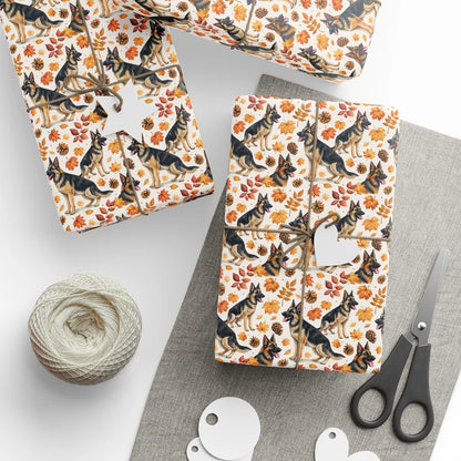 German Shepherd Autumn Wrapping Paper — styled gift wrapping with scissors and twine