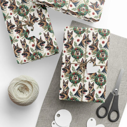 German Shepherd Christmas Wrapping Paper — styled gift wrapping with scissors and twine