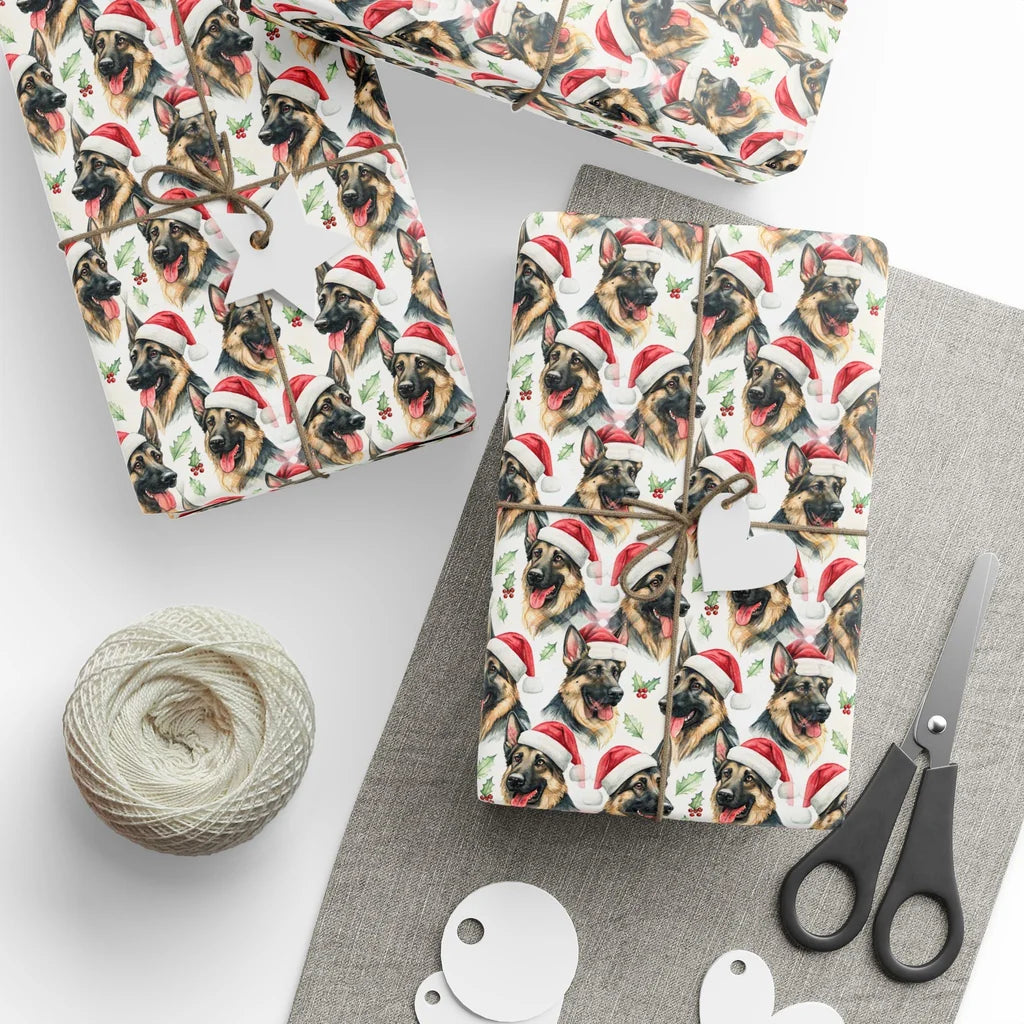 German Shepherd Christmas Wrapping Paper — styled gift wrapping with scissors and twine